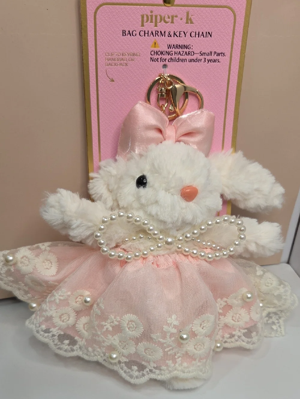 💕▪️Piper K ▪️Plush Bunny Keychain Card Holder in Pink with Pearl Bow